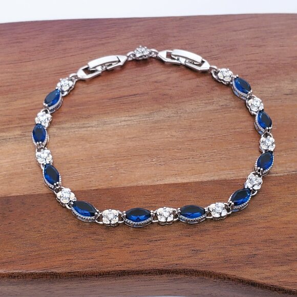 925 Silver Womens 2ct Blue Sapphire 1ct Diamond Tennis Bracelet 7" 8" Jewelry - Picture 1 of 6